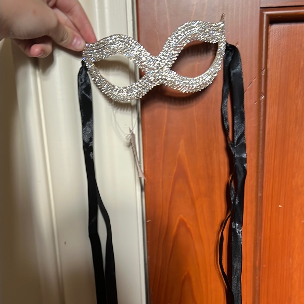 Elegant Silver Rhinestone Mask with Black Ties